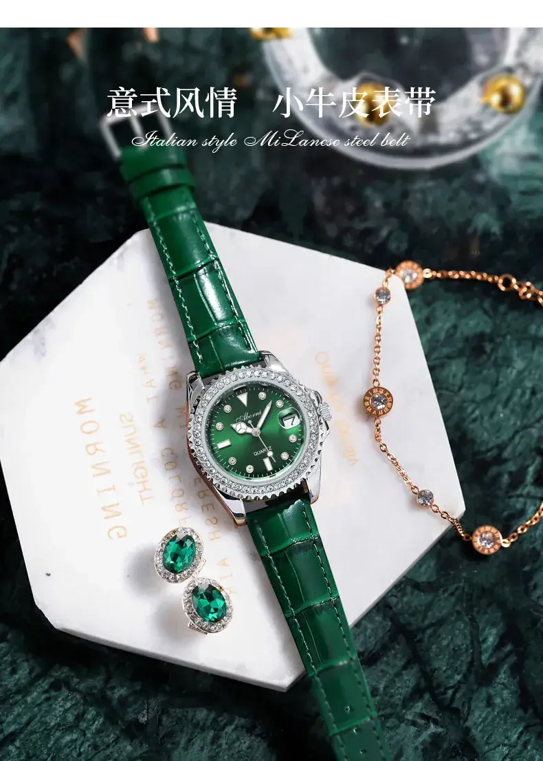 Women's Green Diamond-Encrusted Quartz Watch — feature 5