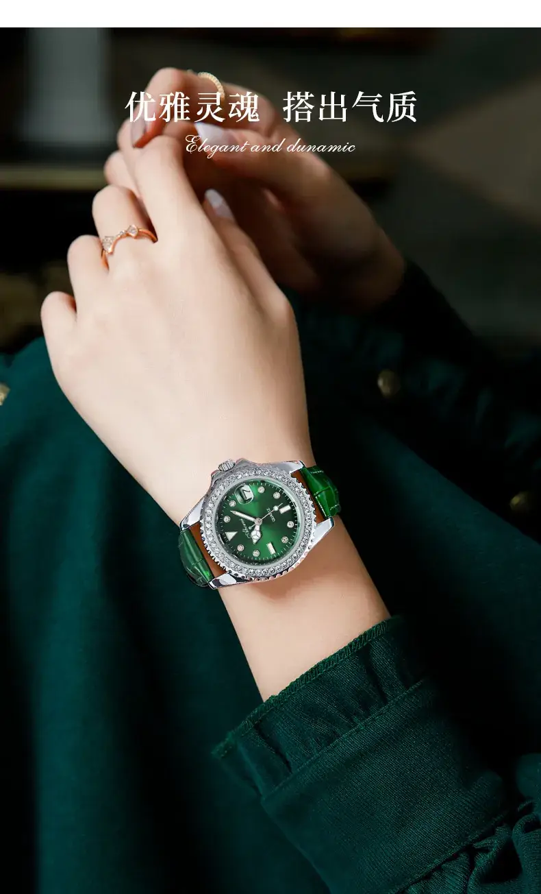 Women's Green Diamond-Encrusted Quartz Watch — feature 6