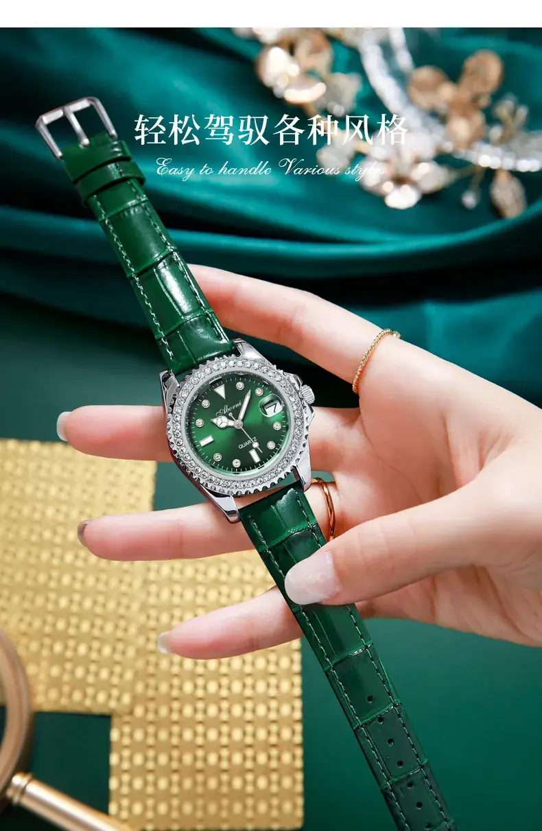 Women's Green Diamond-Encrusted Quartz Watch — feature 8