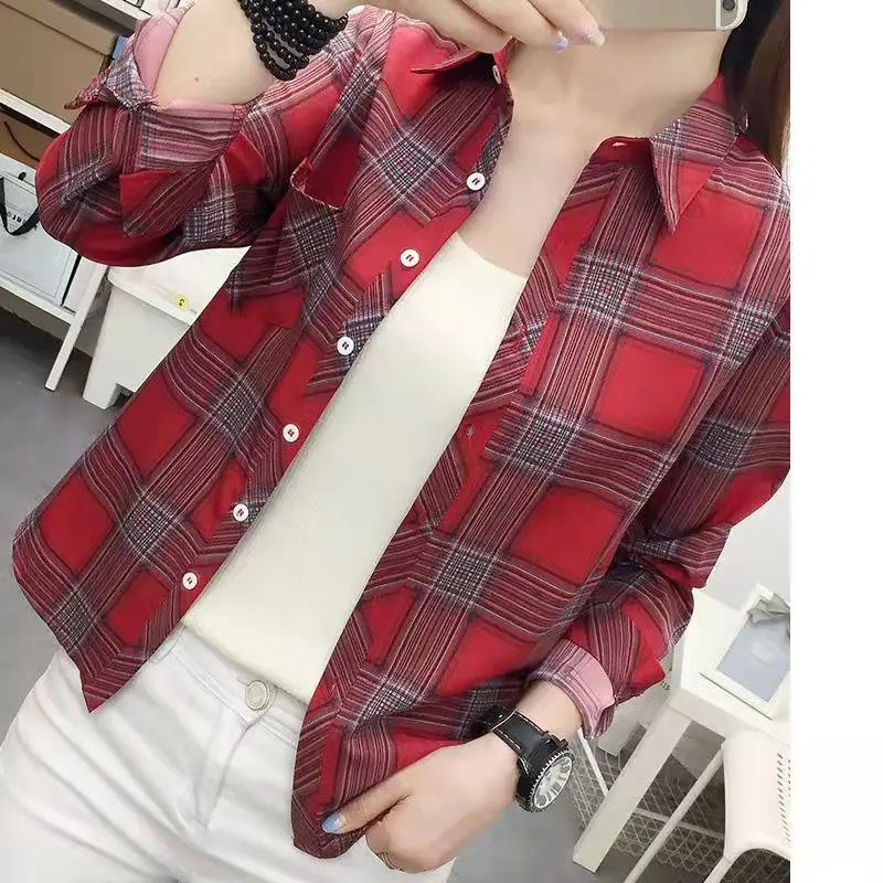 Women Korean Style Plaid Long Sleeve Shirt Red White - Image 6