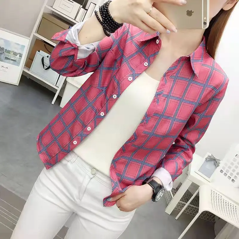 Women Korean Style Plaid Long Sleeve Shirt Red White - Image 7