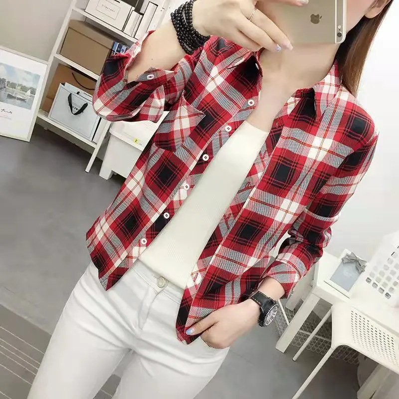 Women Korean Style Plaid Long Sleeve Shirt Red White - Image 8