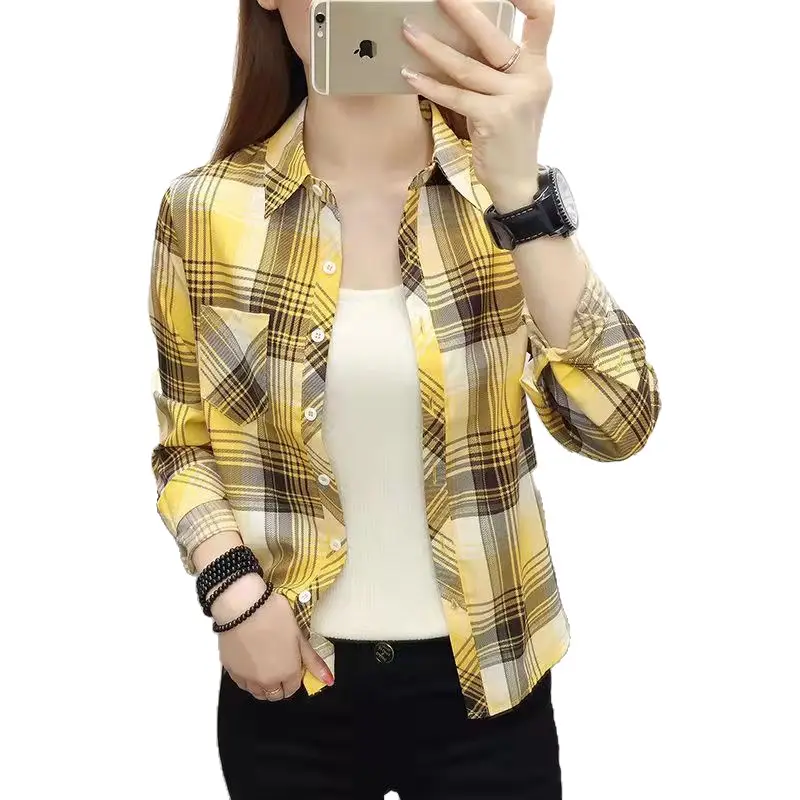 Women Korean Style Plaid Long Sleeve Shirt Red White - Image 9
