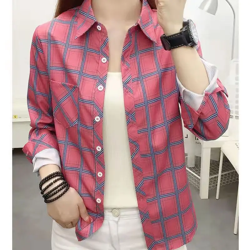 Women Korean Style Plaid Long Sleeve Shirt Red White - Image 2