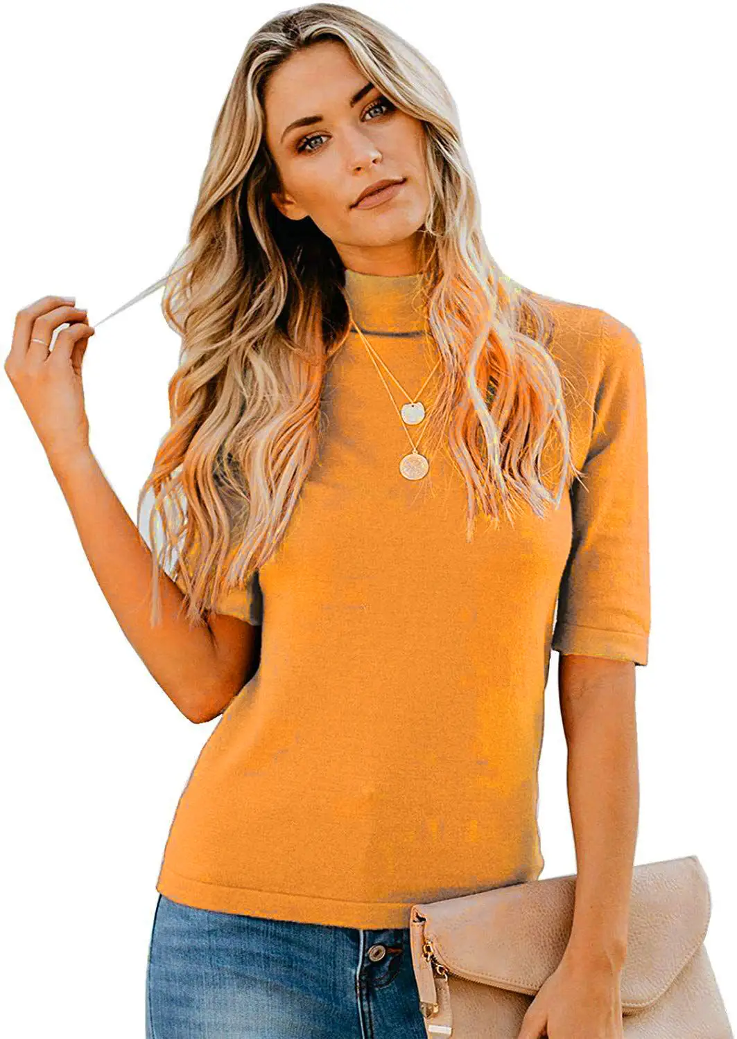 Women's Pure Color New Collar Mid Sleeve T-Shirt