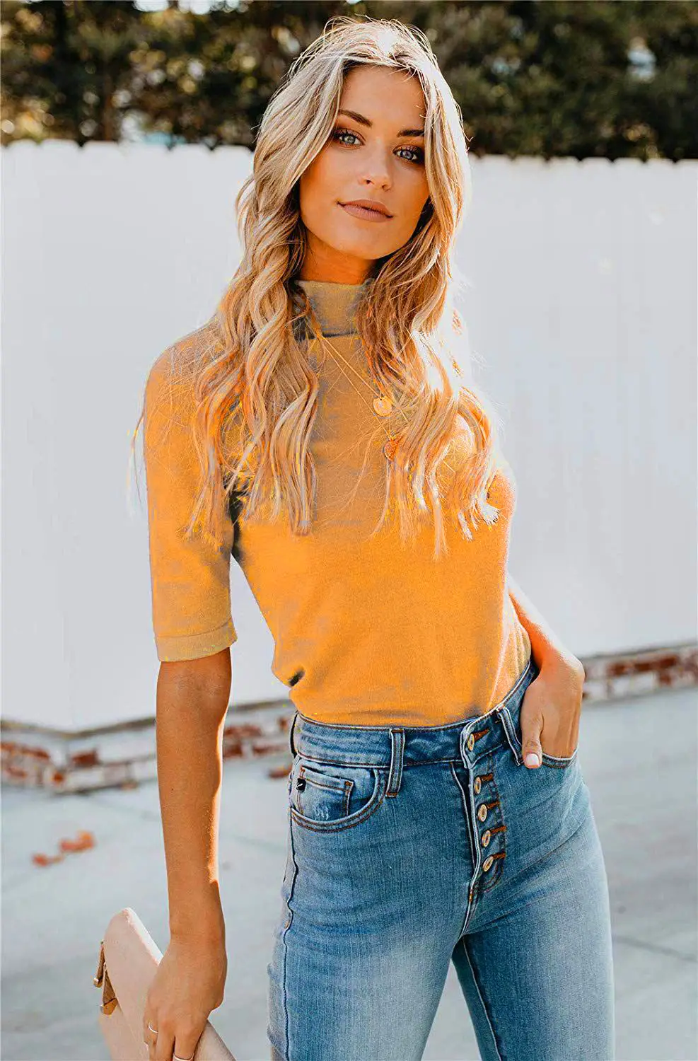 Women's Pure Color New Collar Mid Sleeve T-Shirt