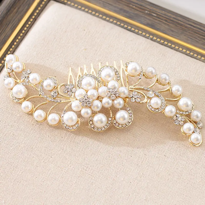 Gold Pearl Bridal Hair Comb with Crystal Accents