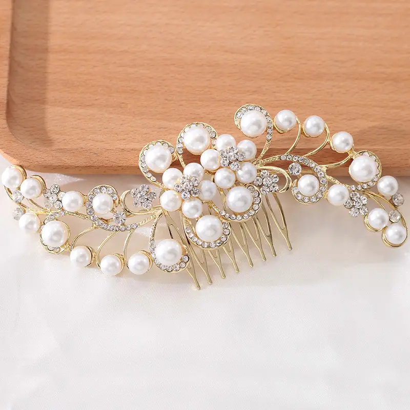 Gold Pearl Bridal Hair Comb with Crystal Accents