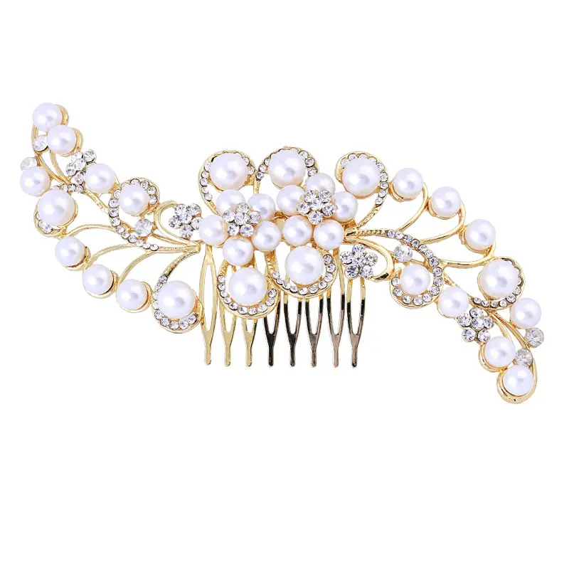 Gold Pearl Bridal Hair Comb with Crystal Accents