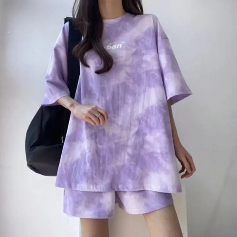 Women 2-Piece Blue Tie-Dye Casual Shorts Set