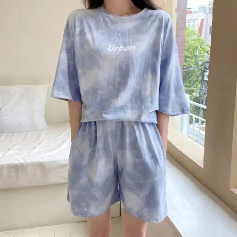 Women 2-Piece Blue Tie-Dye Casual Shorts Set