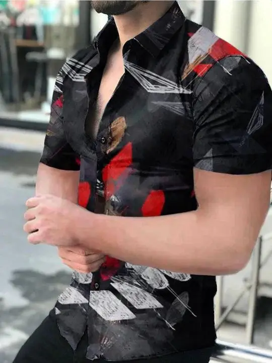 Men Printed Short Sleeve Shirt Black Red 2026 - Image 10