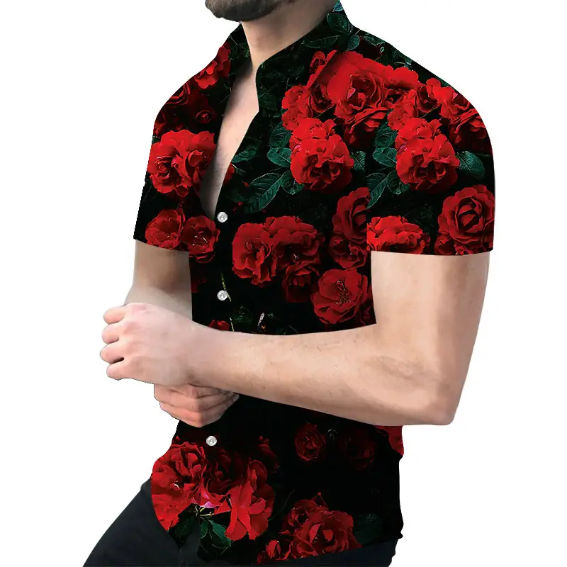 Men Printed Short Sleeve Shirt Black Red 2026 - Image 2