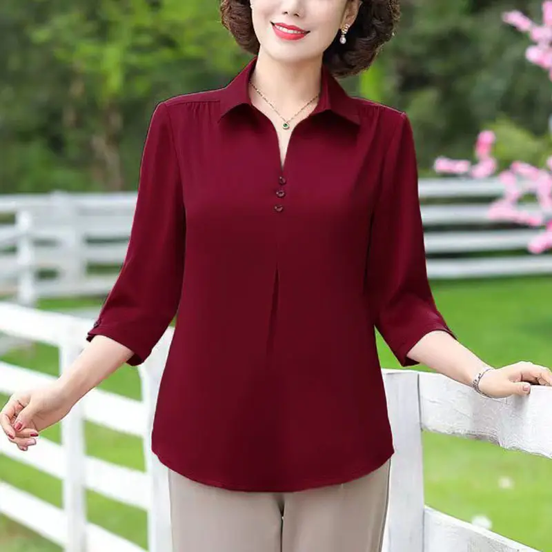 Blue Five-Quarter Sleeve Mom Summer Blouse Women