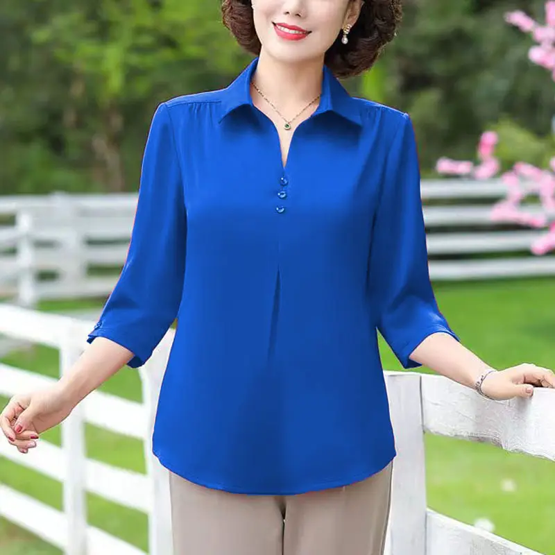 Blue Five-Quarter Sleeve Mom Summer Blouse Women