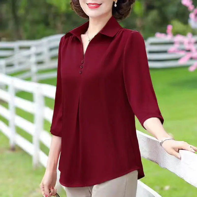 Blue Five-Quarter Sleeve Mom Summer Blouse Women