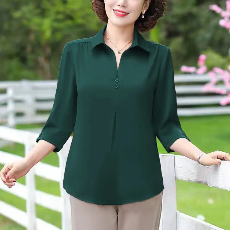 Blue Five-Quarter Sleeve Mom Summer Blouse Women