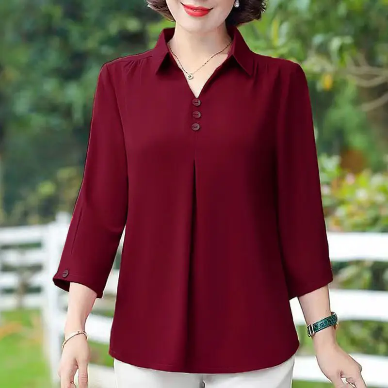Blue Five-Quarter Sleeve Mom Summer Blouse Women