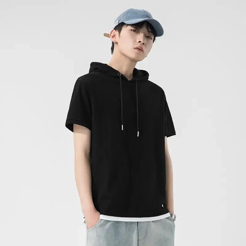 Men Pure Cotton Hooded Short Sleeve T-Shirt Blue