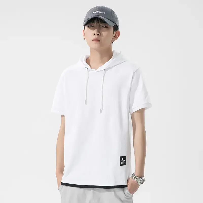 Men Pure Cotton Hooded Short Sleeve T-Shirt Blue