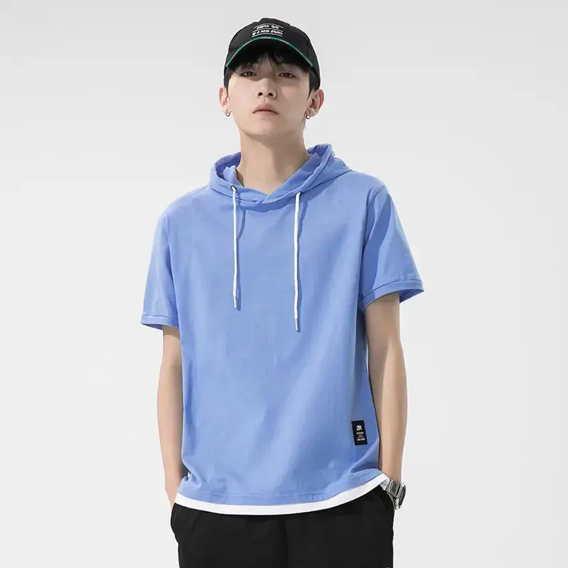 Men Pure Cotton Hooded Short Sleeve T-Shirt Blue