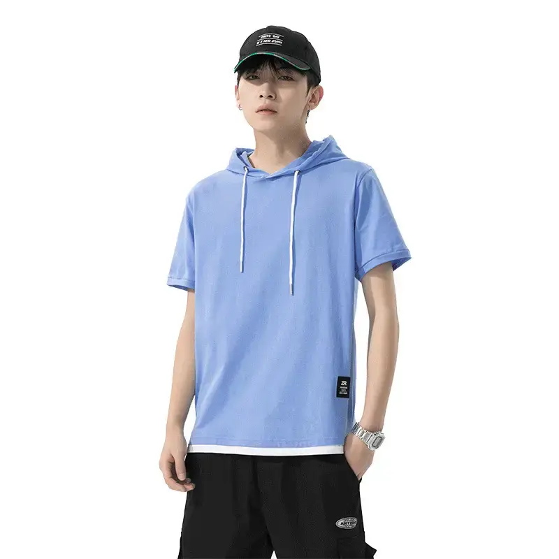 Men Pure Cotton Hooded Short Sleeve T-Shirt Blue