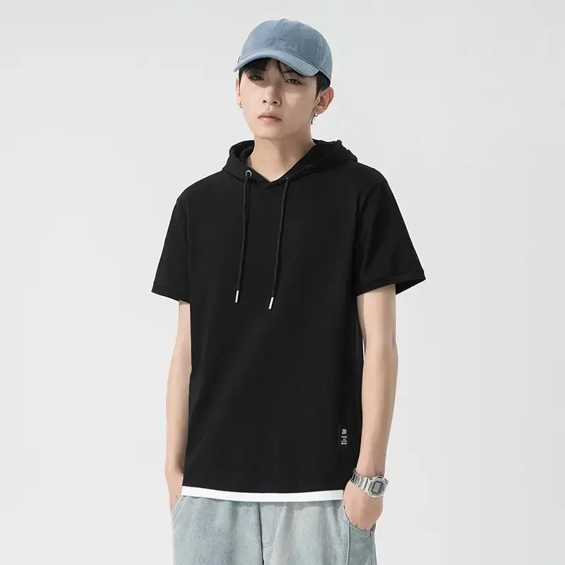 Men Pure Cotton Hooded Short Sleeve T-Shirt Blue