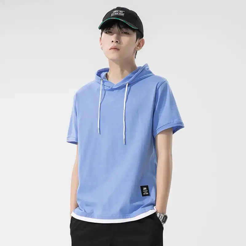 Men Pure Cotton Hooded Short Sleeve T-Shirt Blue