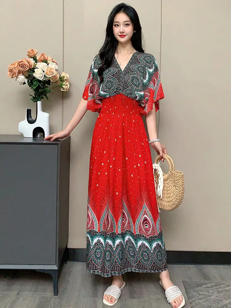 Red Ethnic V-Neck Cotton Silk Dress for Women
