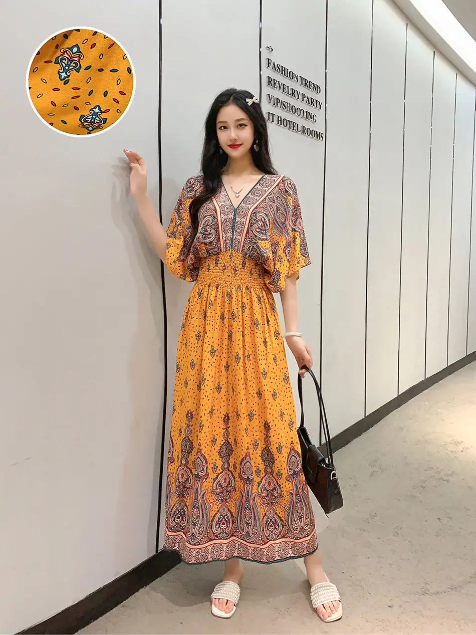Red Ethnic V-Neck Cotton Silk Dress for Women
