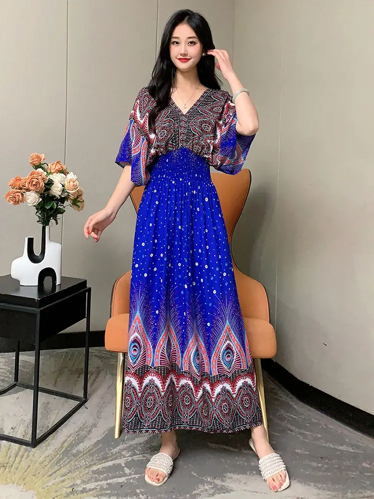 Red Ethnic V-Neck Cotton Silk Dress for Women