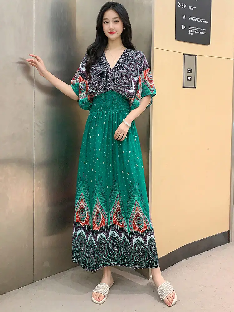 Red Ethnic V-Neck Cotton Silk Dress for Women