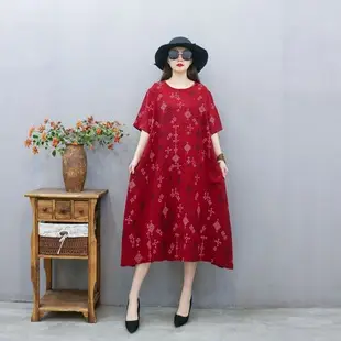 Red Ethnic V-Neck Cotton Silk Dress for Women — feature 2
