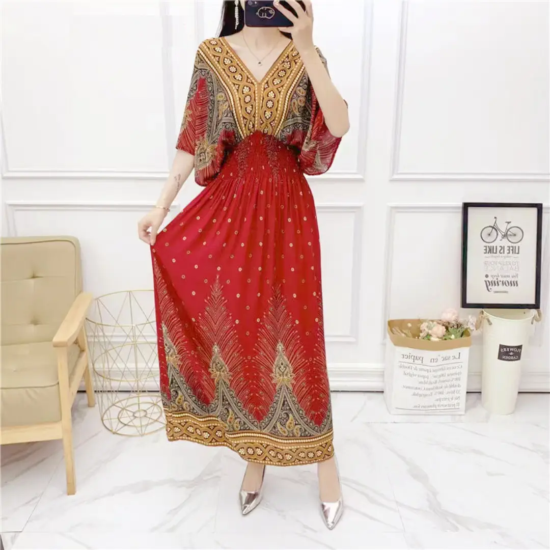 Red Ethnic V-Neck Cotton Silk Dress for Women