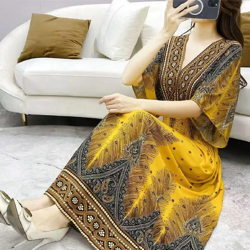 Red Ethnic V-Neck Cotton Silk Dress for Women