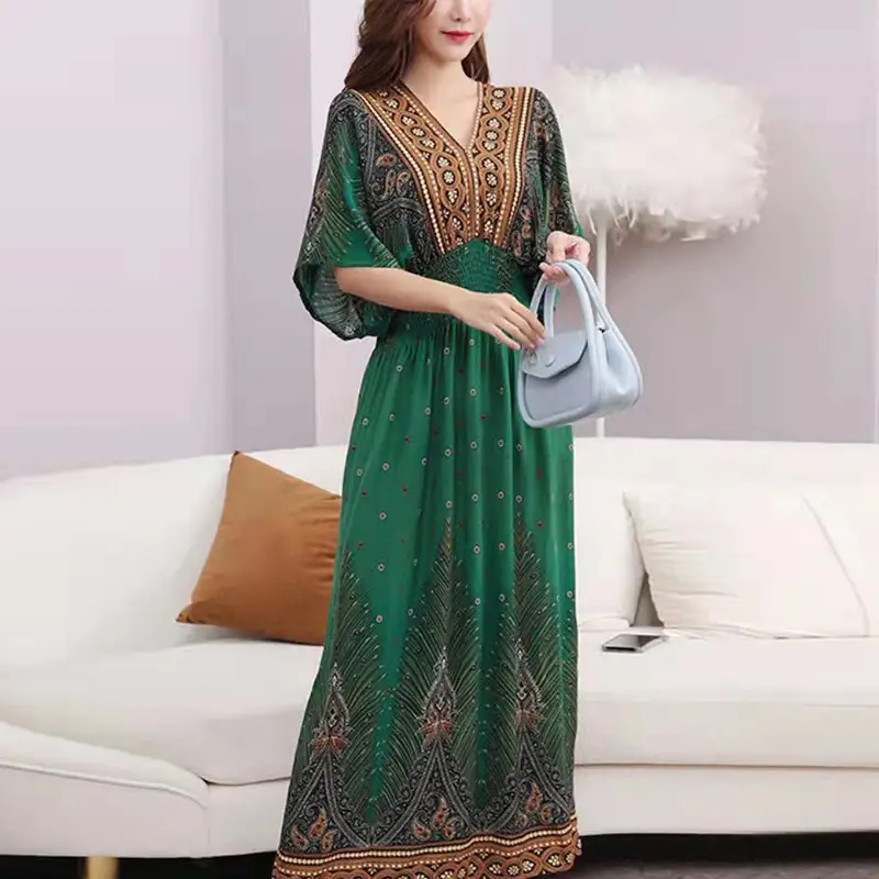Red Ethnic V-Neck Cotton Silk Dress for Women