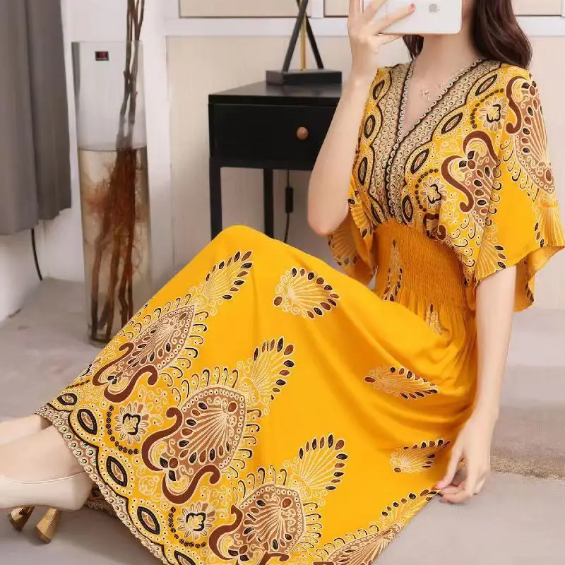 Red Ethnic V-Neck Cotton Silk Dress for Women