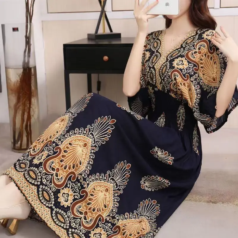Red Ethnic V-Neck Cotton Silk Dress for Women