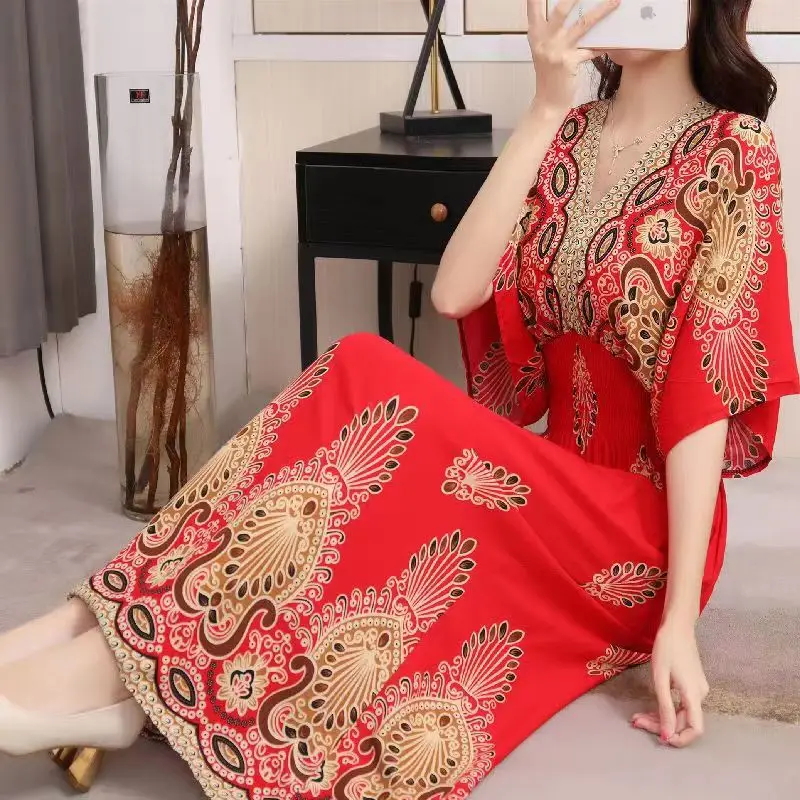 Red Ethnic V-Neck Cotton Silk Dress for Women