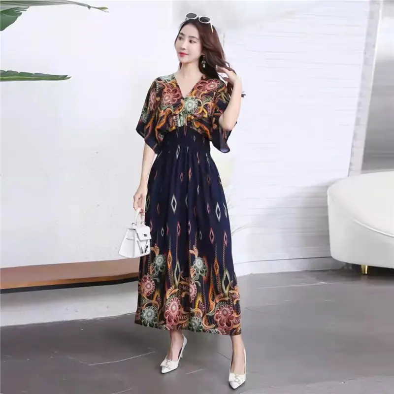 Red Ethnic V-Neck Cotton Silk Dress for Women