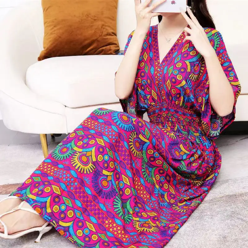 Red Ethnic V-Neck Cotton Silk Dress for Women
