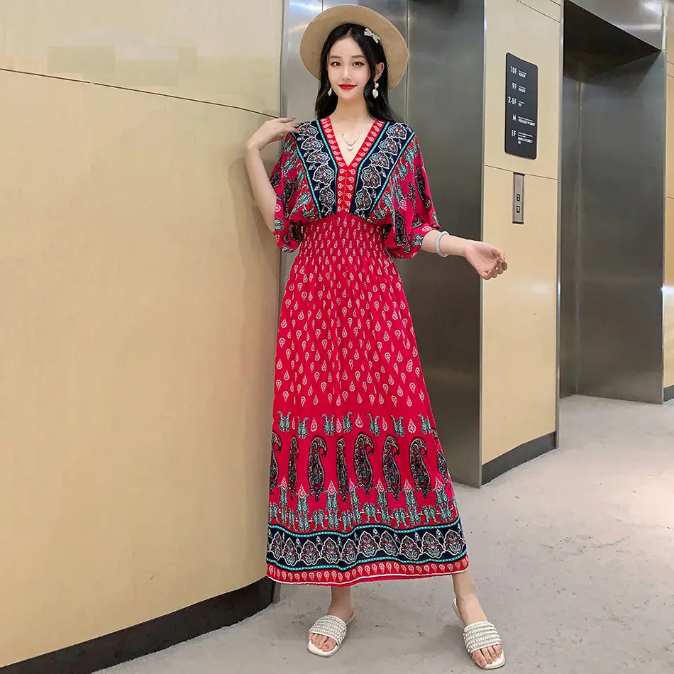 Red Ethnic V-Neck Cotton Silk Dress for Women