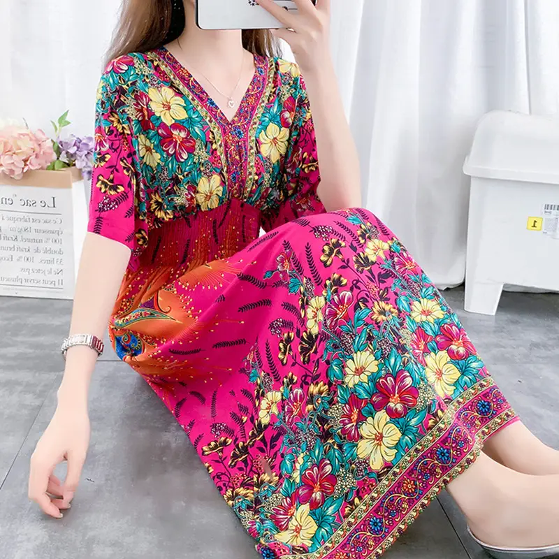 Red Ethnic V-Neck Cotton Silk Dress for Women