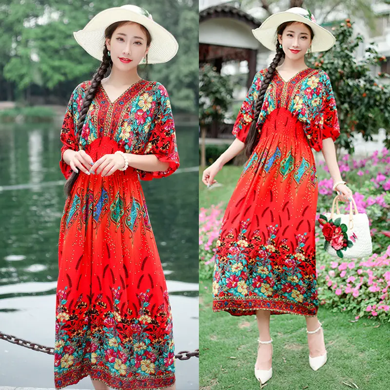 Red Ethnic V-Neck Cotton Silk Dress for Women