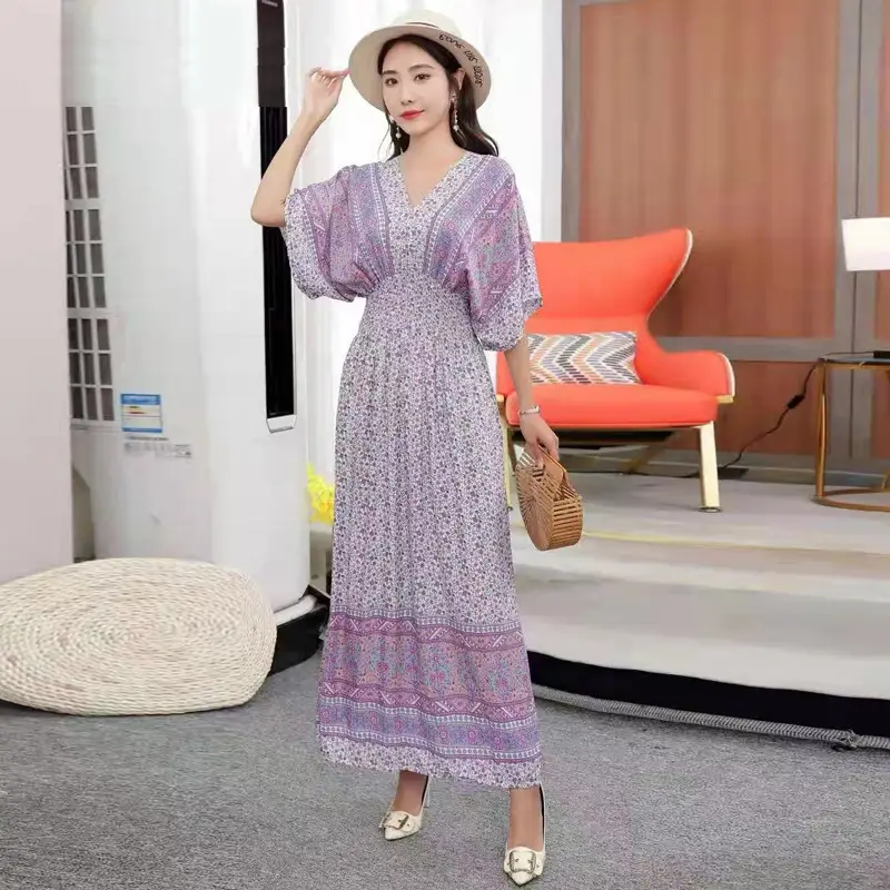 Red Ethnic V-Neck Cotton Silk Dress for Women
