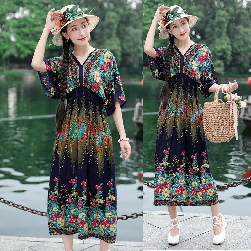 Red Ethnic V-Neck Cotton Silk Dress for Women