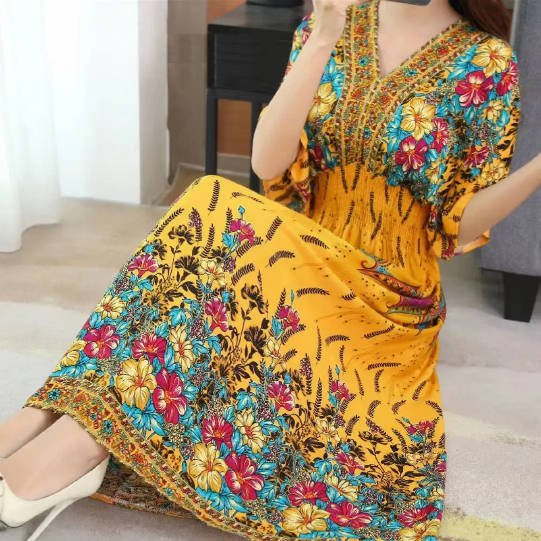 Red Ethnic V-Neck Cotton Silk Dress for Women