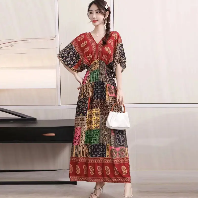 Red Ethnic V-Neck Cotton Silk Dress for Women