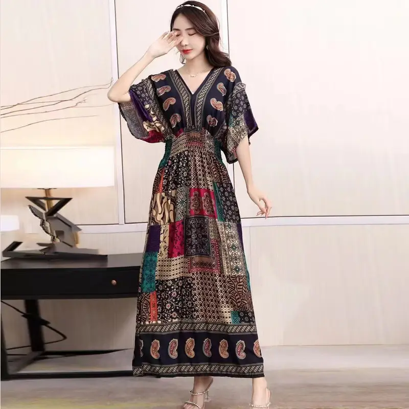 Red Ethnic V-Neck Cotton Silk Dress for Women