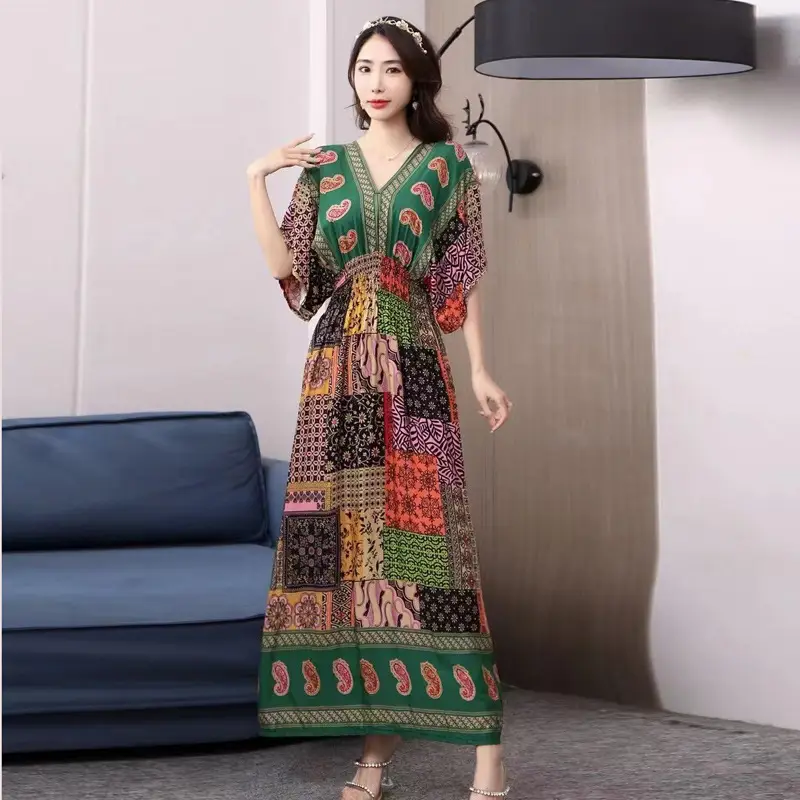 Red Ethnic V-Neck Cotton Silk Dress for Women